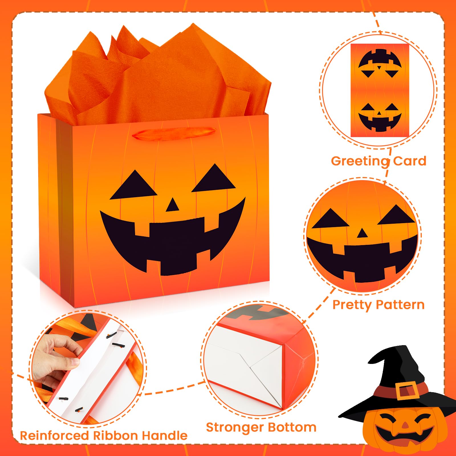 Large Orange Halloween Party Gifts Bags with Handles,Halloween Wrapping Tissue Paper with Greeting Card,Pumpkin Halloween Paper Bags Trick or Treat for Halloween Birthday Party Favors Gifts Supplies