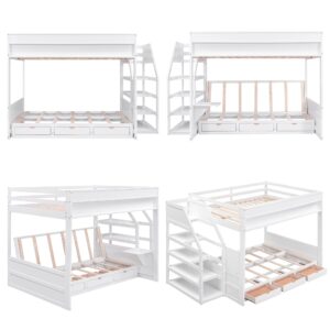 Harper & Bright Designs Full Over Full/Futon Bunk Beds with Stairs and 3 Drawers, Built-in Shelf, Bottom Bed can be Converted into Daybed, Solid Wood Bunk Bed Frame (White)