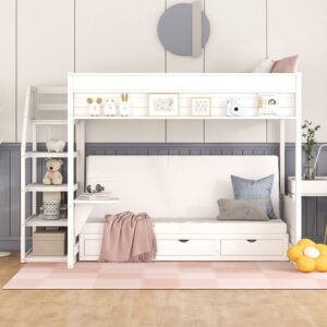 Harper & Bright Designs Full Over Full/Futon Bunk Beds with Stairs and 3 Drawers, Built-in Shelf, Bottom Bed can be Converted into Daybed, Solid Wood Bunk Bed Frame (White)