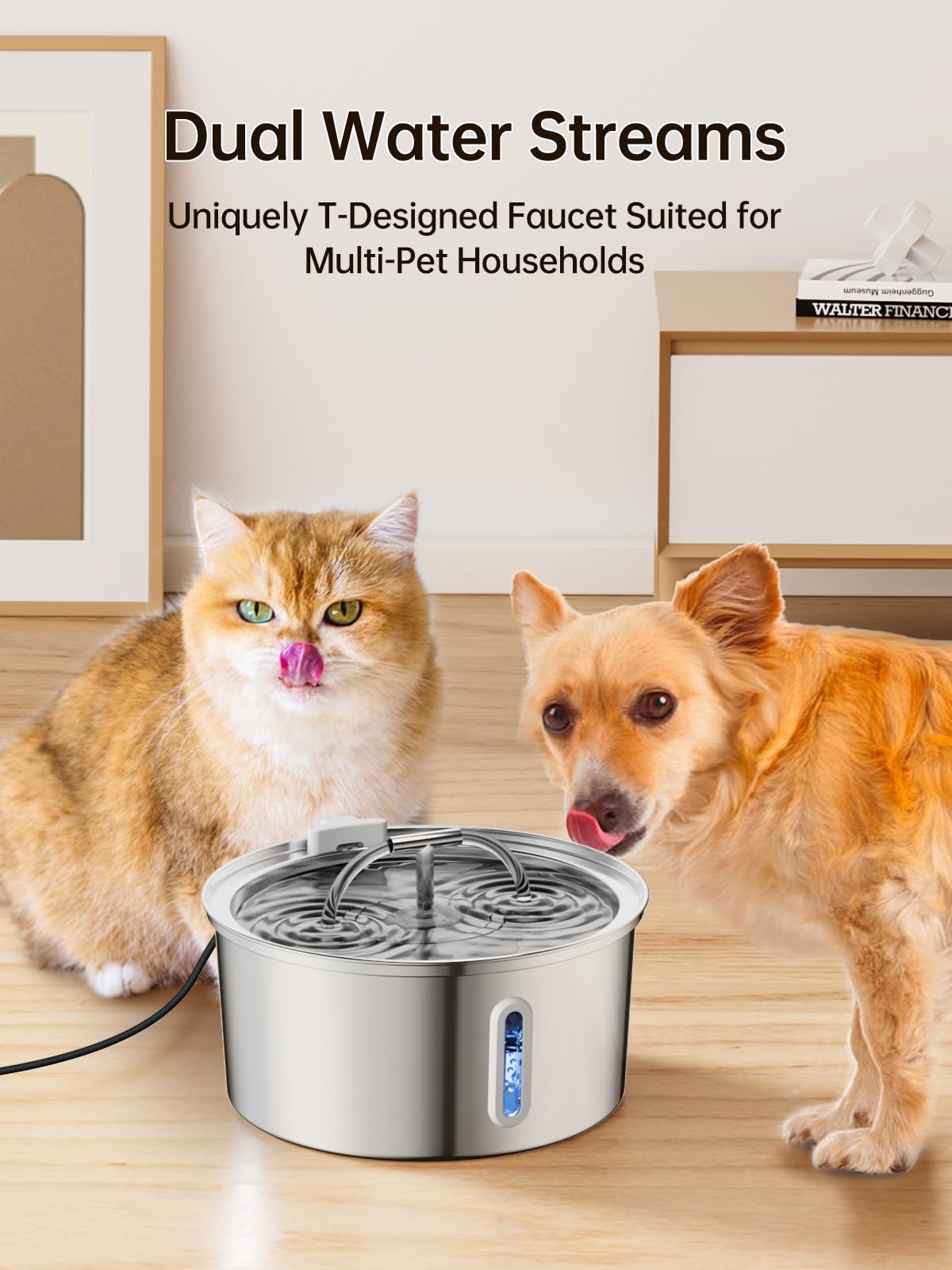 Cat Water Fountain Stainless Steel, 3.2L/108Oz Pet Water Fountain for Drinking, Automatic Metal Dog Water Dispenser Bowl with Quiet Pump, Dual-Stream, Filtration for Cats, Dogs, Multiple Pets Indoor