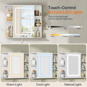 HOOBRO Bathroom Medicine Cabinet with Mirror, Wall-Mounted Cabinet with Storage, Lighted Medicine Cabinet with LED Lights, Charging Station, Adjustable Shelf, 5 Open Shelves, White