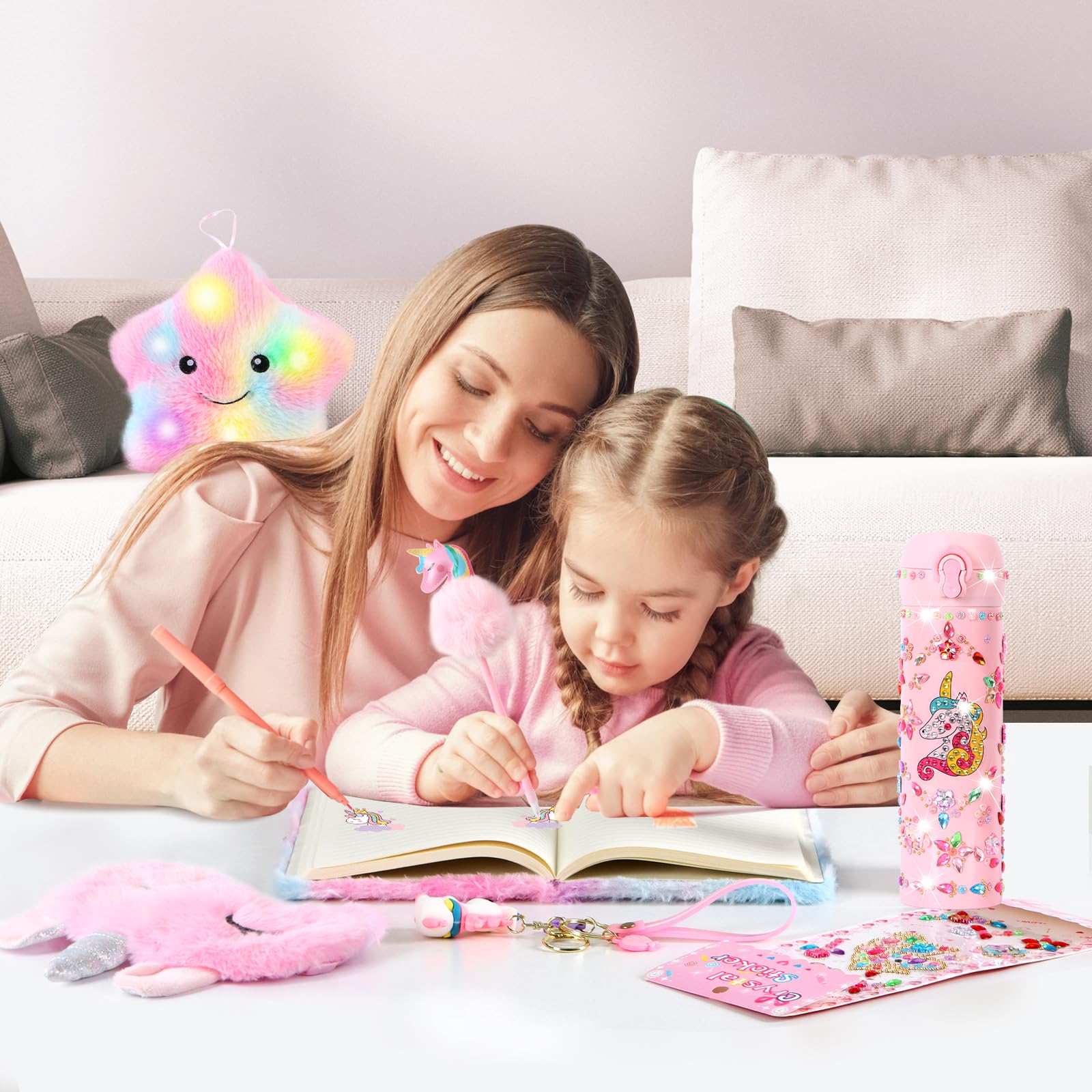 Unicorn Gifts for Girls, 10 PCS Unicorn Toys with Light Up Star Pillow Plush Diary DIY Water Bottle Kits for Girls' Birthday, Christmas and Halloween, Rainbow Unicorn Gift Set for 3-12 Years Old Girls