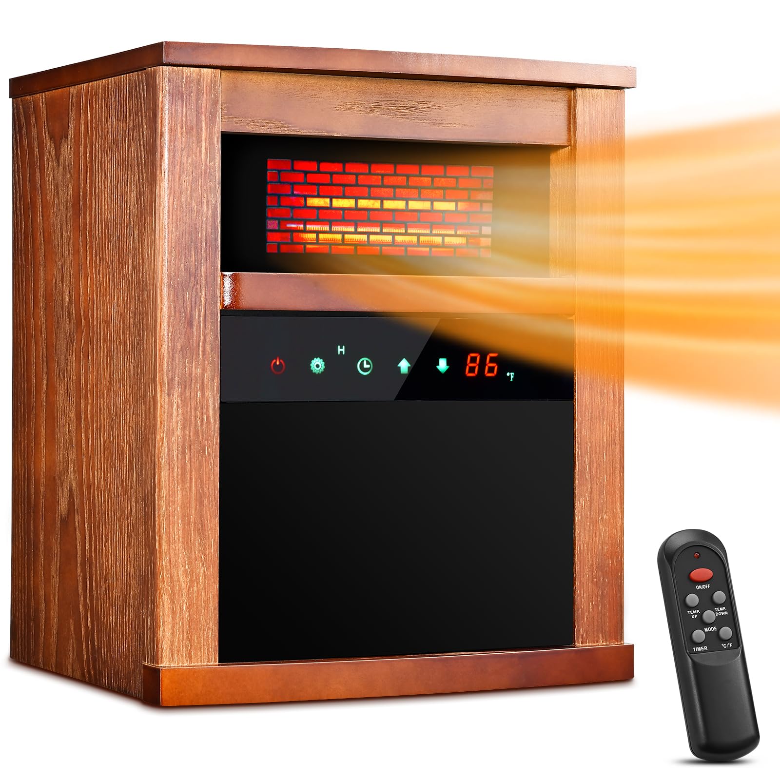 Air Choice Infrared Space Heater, 1500W Electric Heater for Indoor Use, Remote & 3 Modes, Adjustable Thermostat, 12H Timer, Child Lock, Wood Cabinet Heater with Overheat & Tip-Over Protection, Walnut