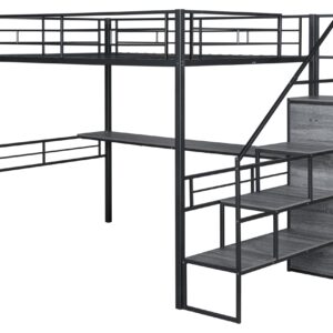 DNYN Stairway Full Size Metal Loft Bed with Desk for Kids,Adults,Heavy Duty Bedframe w/Storage & Wardrobe,Space Saving Design & No Box Spring Needed, Black