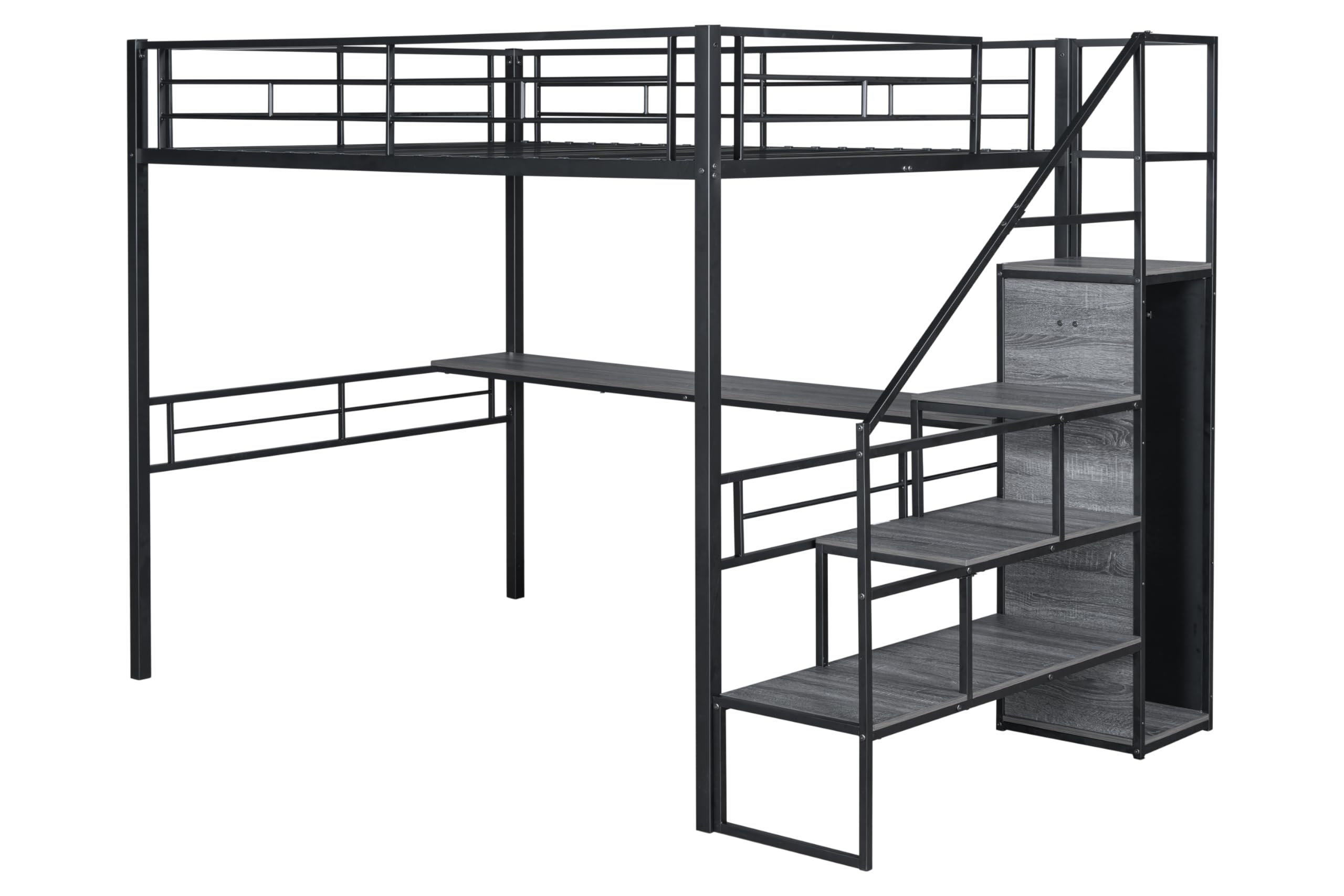 DNYN Stairway Full Size Metal Loft Bed with Desk for Kids,Adults,Heavy Duty Bedframe w/Storage & Wardrobe,Space Saving Design & No Box Spring Needed, Black