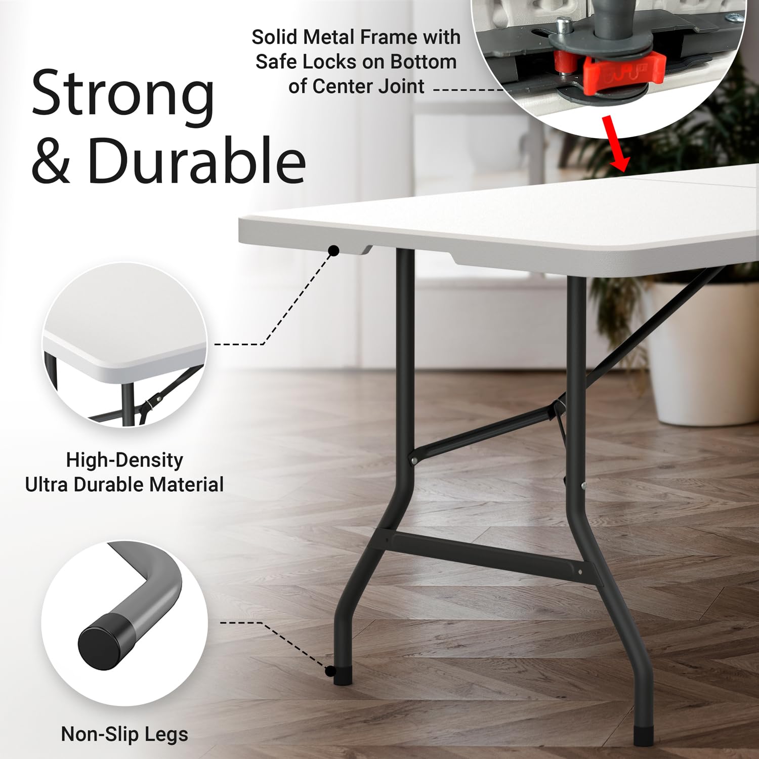 6 Feet Foldable Table with Built in Handle & Steel Legs | Heavy Duty Portable | Perfect for Party, Dining, Wedding, Events, Picnic Indoor, Outdoor, Camping, Utility, Temporary