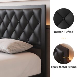 Fluest Queen Bed Frame with Headboard PU Leather Upholstered Bed Frame Platform,All Metal Slats Support Platform Bed Frame with Storage Space,Easy Assembly,Noise Free,No Box Spring Needed,Black