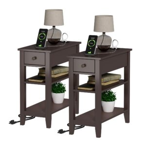 choochoo narrow end table set of 2,side table living room with usb ports & power outlets and hidden drawer, 3-tier skinny nightstand with 2 open storage shelves for small place(espresso)