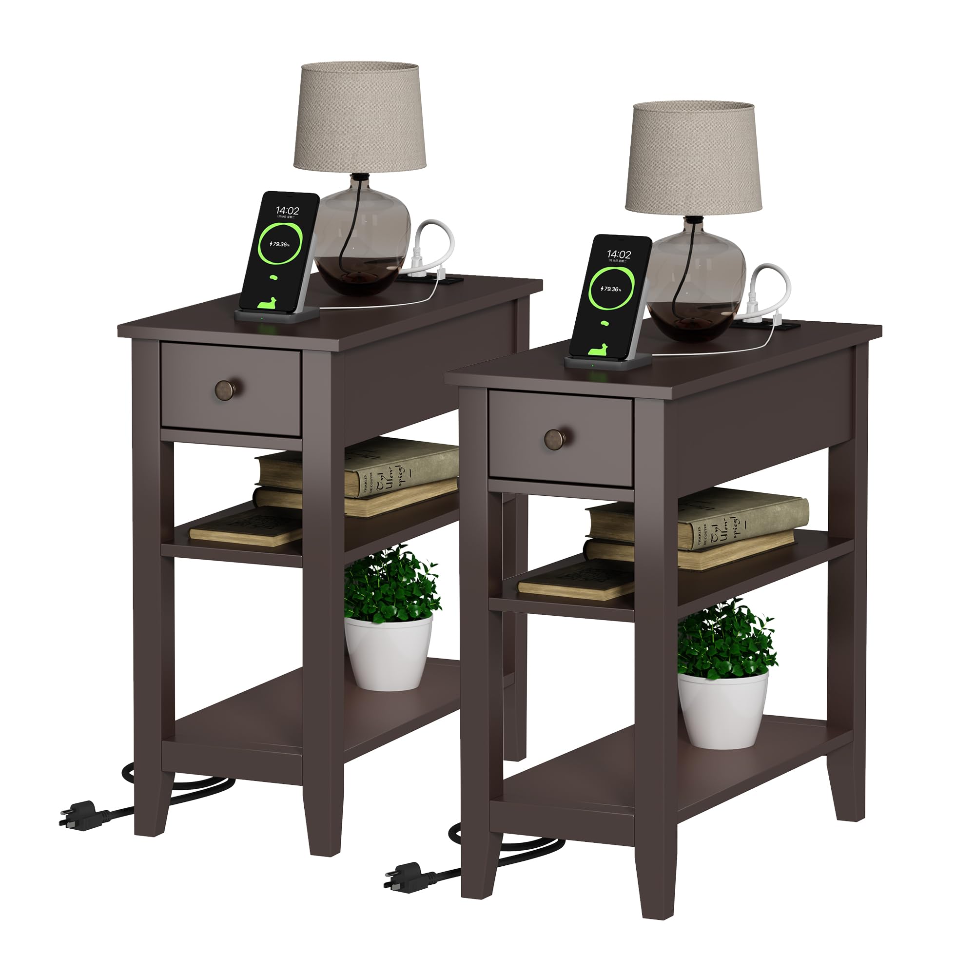 ChooChoo Narrow End Table Set of 2,Side Table Living Room with USB Ports & Power Outlets and Hidden Drawer, 3-Tier Skinny Nightstand with 2 Open Storage Shelves for Small Place(Espresso)