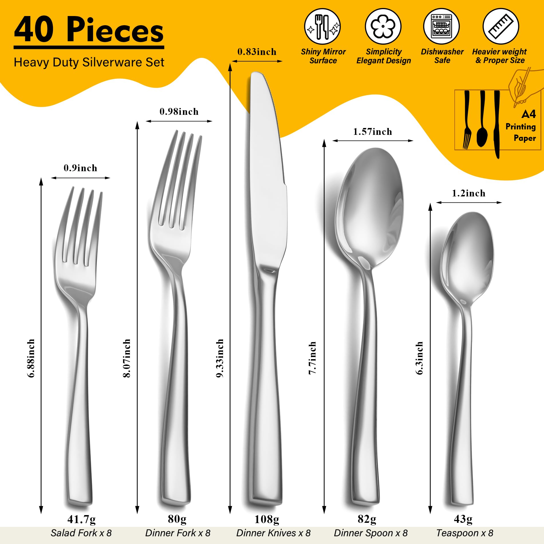 Heavy Duty Silverware Set for 8, EIUBUIE 40 Piece Stainless Steel Flatware Cutlery Set, Durable Kitchen Eating Utensils Tableware Sets Including Fork Spoon Knife Set, Mirror Polished, Dishwasher Safe