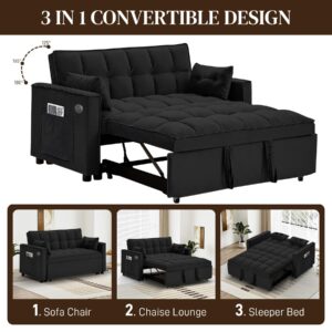 DAMAIFROM Velvet Sleeper Sofa Bed with USB Port, 3-in-1 Convertible Upholstered Loveseat Sofa w/Pull-Out Bed, Modern Futon Couch Bed with Adjustable Backrest for Living Room, Small Space, Black