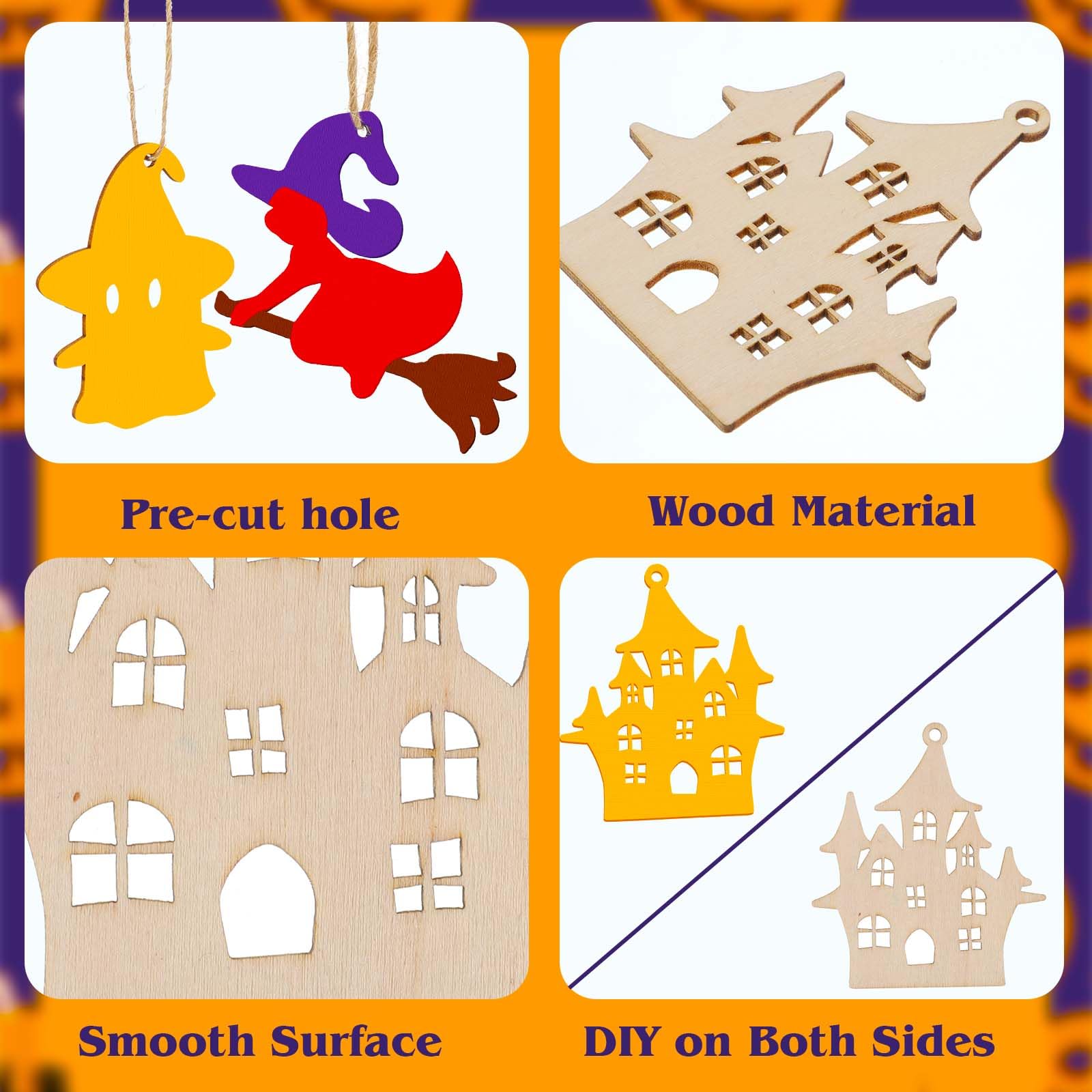 Halloween Crafts for Kids, 60Pcs Unfinished Predrilled DIY Wooden Slices Halloween Painting Crafts Halloween Gifts for Hanging Decoration