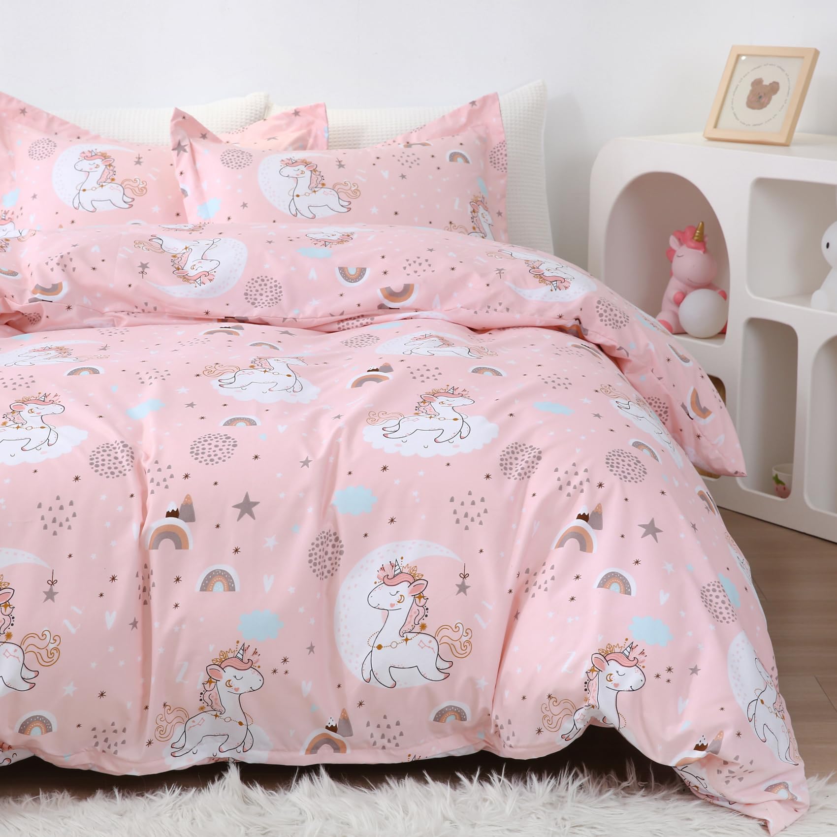 JSD Pink Unicorn Kids Duvet Cover Set Twin Size, 2 Piece Girls Printed Microfiber Bedding Comforter Cover with Pillow Sham Zipper Closure