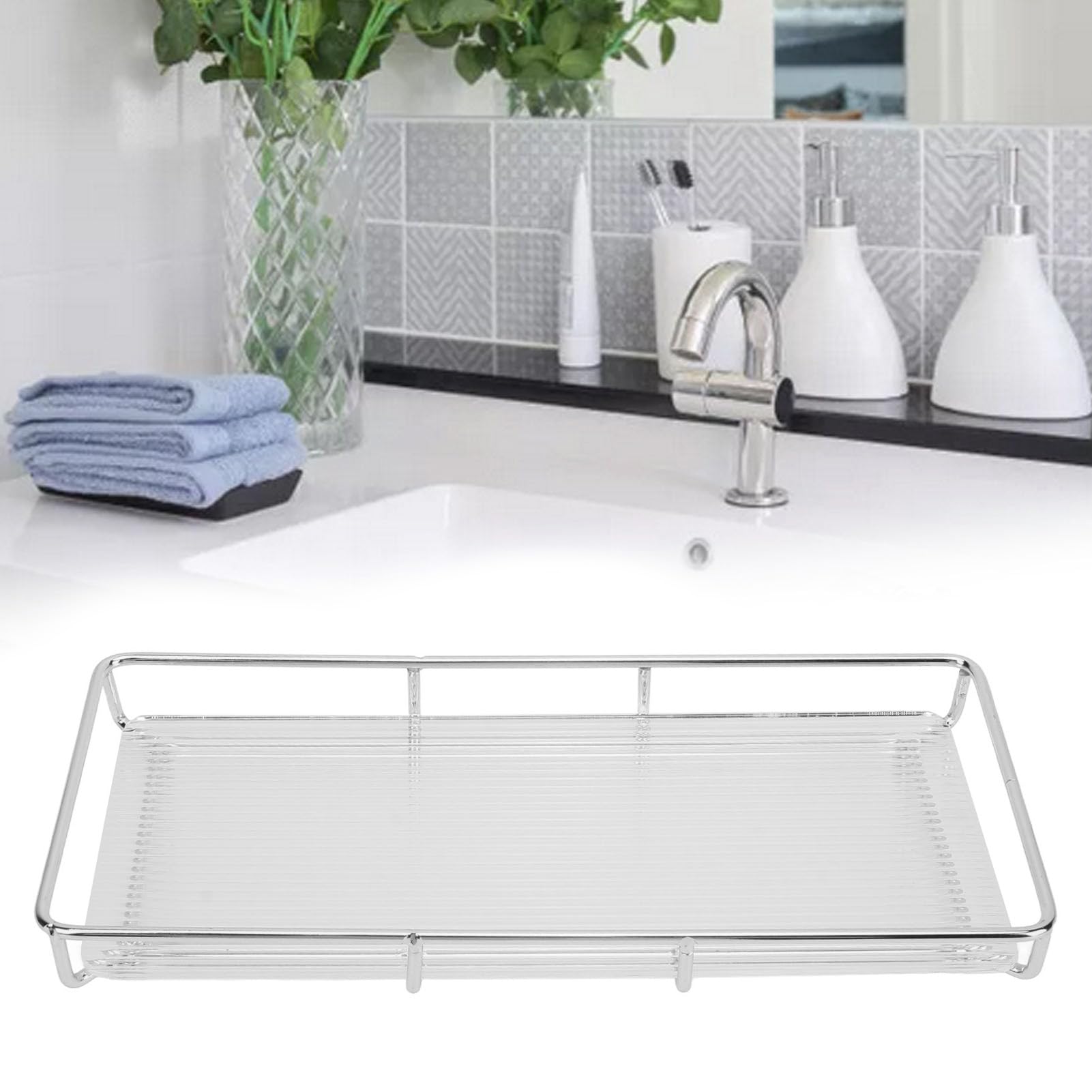 Countertop and Vanity Tray Bathroom Counter Tray Bathroom Countertop Organizer, Stainless Steel Acrylic Bathroom Vanity Tray for Cosmetics Living Items (Silver Single Layer Large Size)