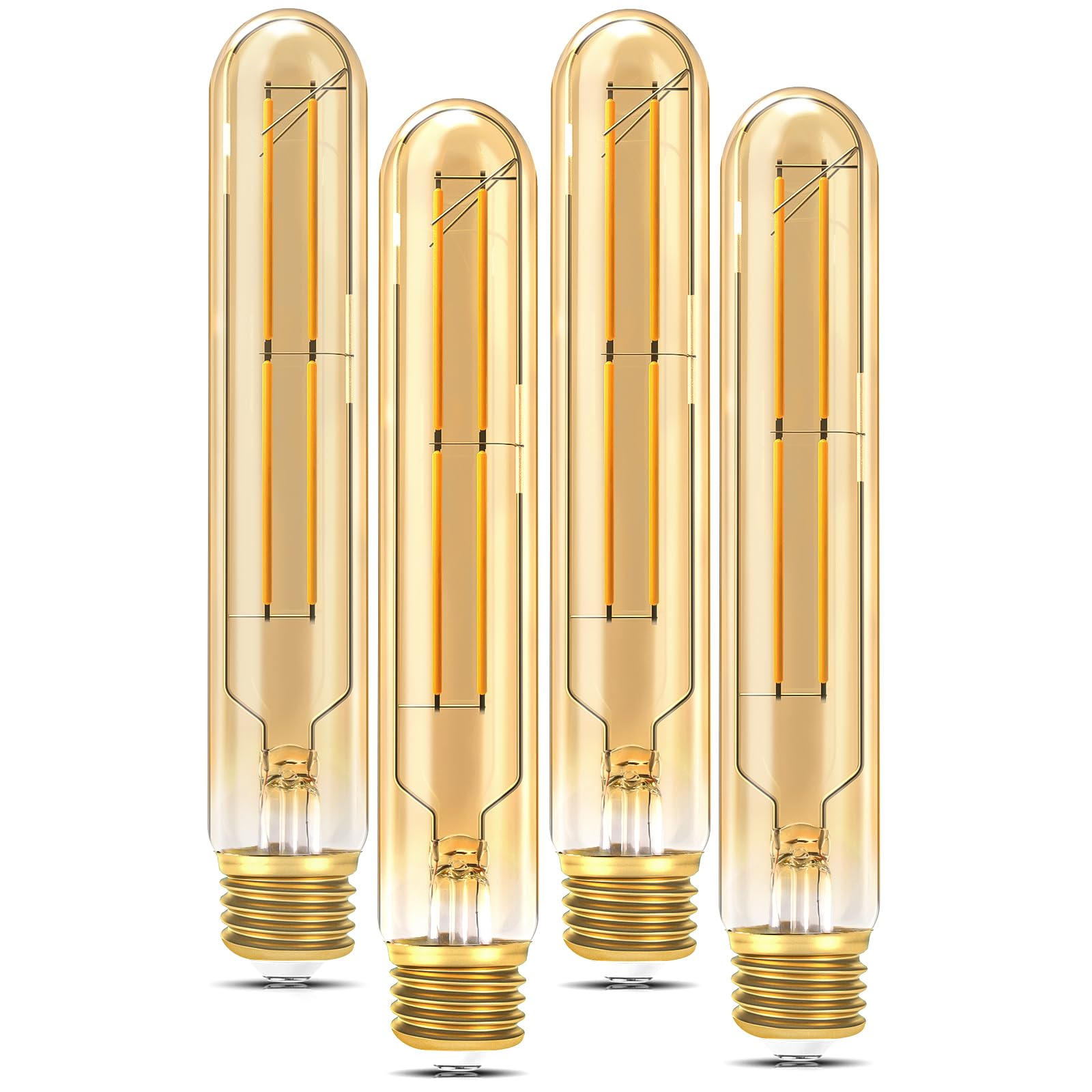 Tubular Light Bulb 7.3 Inch, Amber Long Tube Light Bulb T10 2700K Soft White Dimmable E26 LED Edison Bulbs 60 Watt Equivalent for Chandelier Vanity Outdoor Exterior Wall Sconce Pendant Light, 4Pack