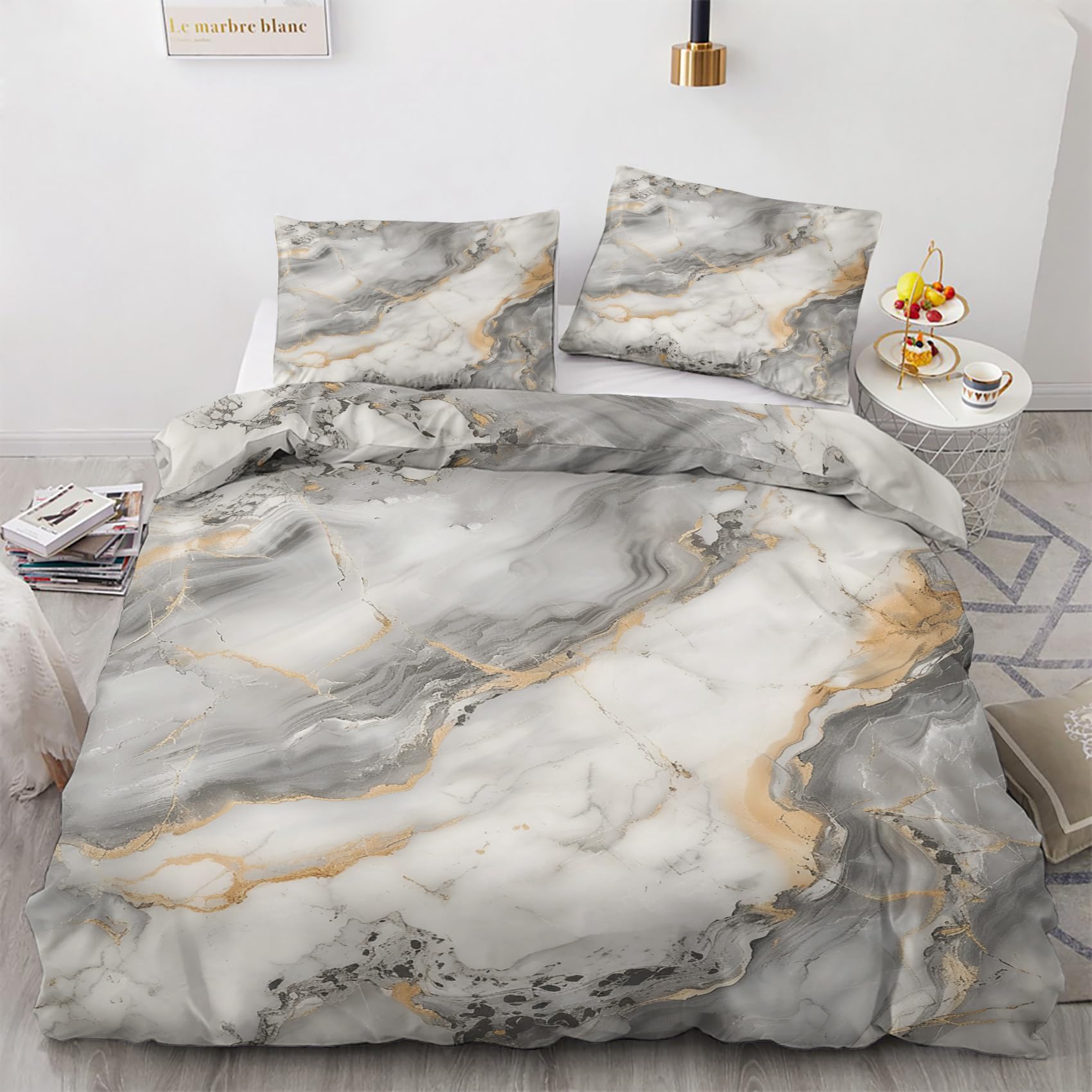 Grey Marble Duvet Cover Full Size, Super Soft Microfiber Washed, Marble Abstract Comforter Cover, Bedding Set with Zipper Closure, 3 Pieces, 1 Duvet Cover 80”x90” & 2 Pillow Shams (No Comforter)