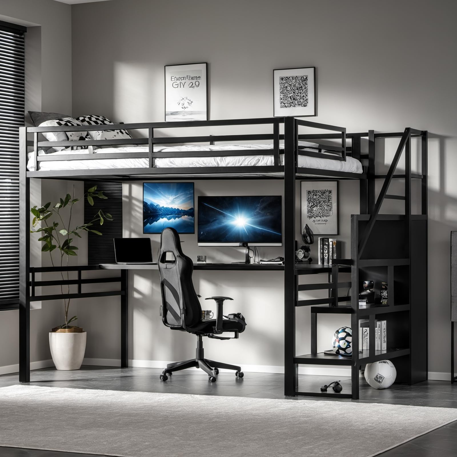 DNYN Stairway Full Size Metal Loft Bed with Desk for Kids,Adults,Heavy Duty Bedframe w/Storage & Wardrobe,Space Saving Design & No Box Spring Needed, Black