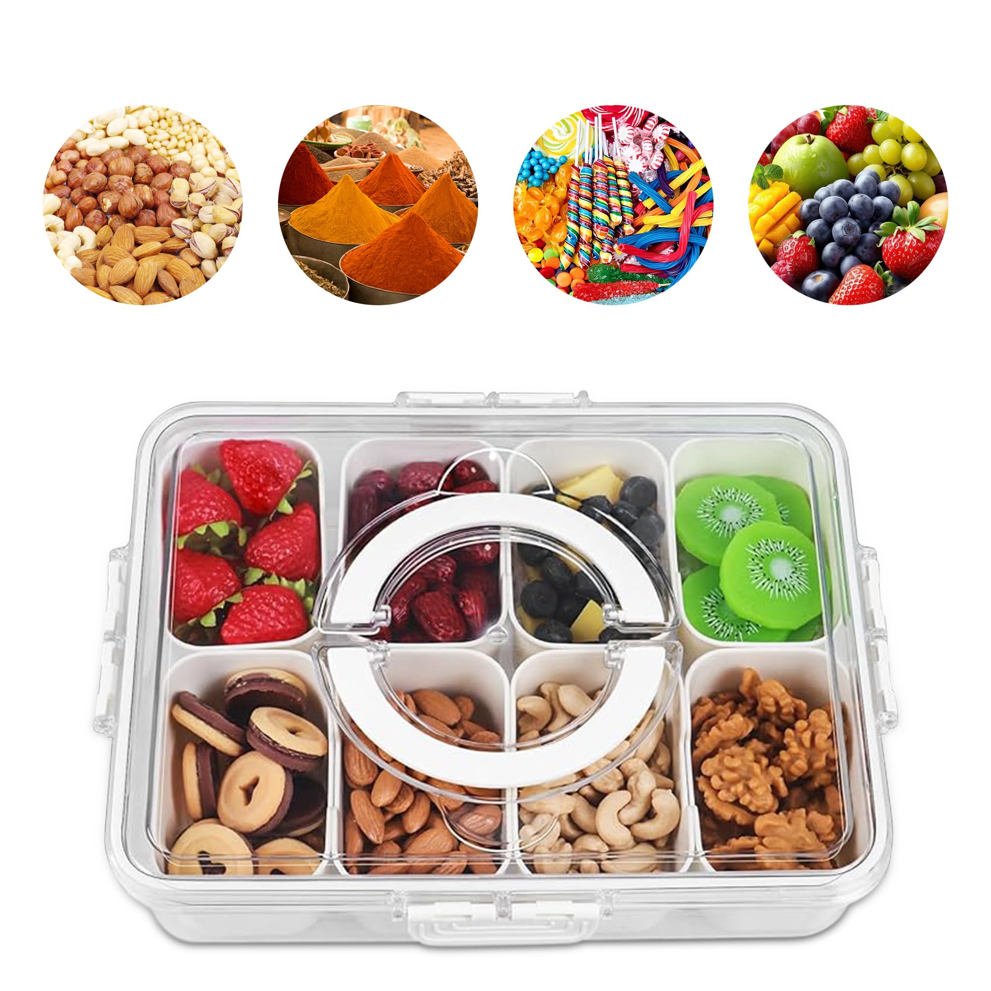 Snackle Box Container, Divided Serving Tray with Lid and Handle Snack Box, Snack Box Container that use at Picnic, Snack Containers for Meal Prep, Portable 8 Part Snackle Box Charcuterie Container