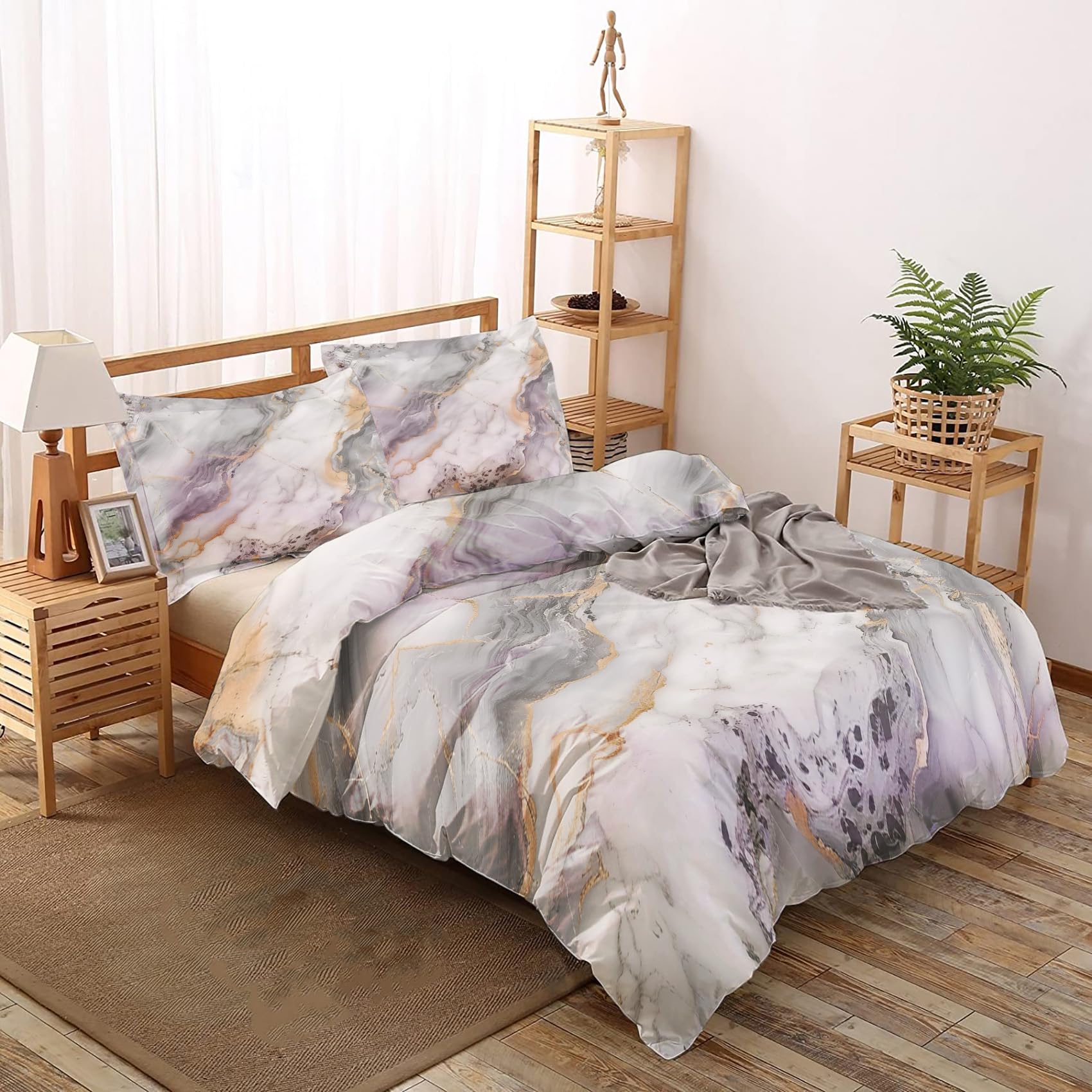 Grey Marble Duvet Cover Full Size, Super Soft Microfiber Washed, Marble Abstract Comforter Cover, Bedding Set with Zipper Closure, 3 Pieces, 1 Duvet Cover 80”x90” & 2 Pillow Shams (No Comforter)