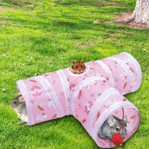 Bissap Rabbit Tunnel, 9.8'' Collapsible Bunny Tunnel and Tube 3 Ways Pet Hideout with 1 Play Ball for Indoor Kittens Dwarf Rabbits Bunnies Guinea Pigs Chinchillas Small Animal Activity Fun Toys (Pink)