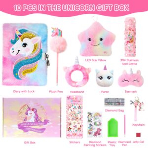 Unicorn Gifts for Girls, 10 PCS Unicorn Toys with Light Up Star Pillow Plush Diary DIY Water Bottle Kits for Girls' Birthday, Christmas and Halloween, Rainbow Unicorn Gift Set for 3-12 Years Old Girls