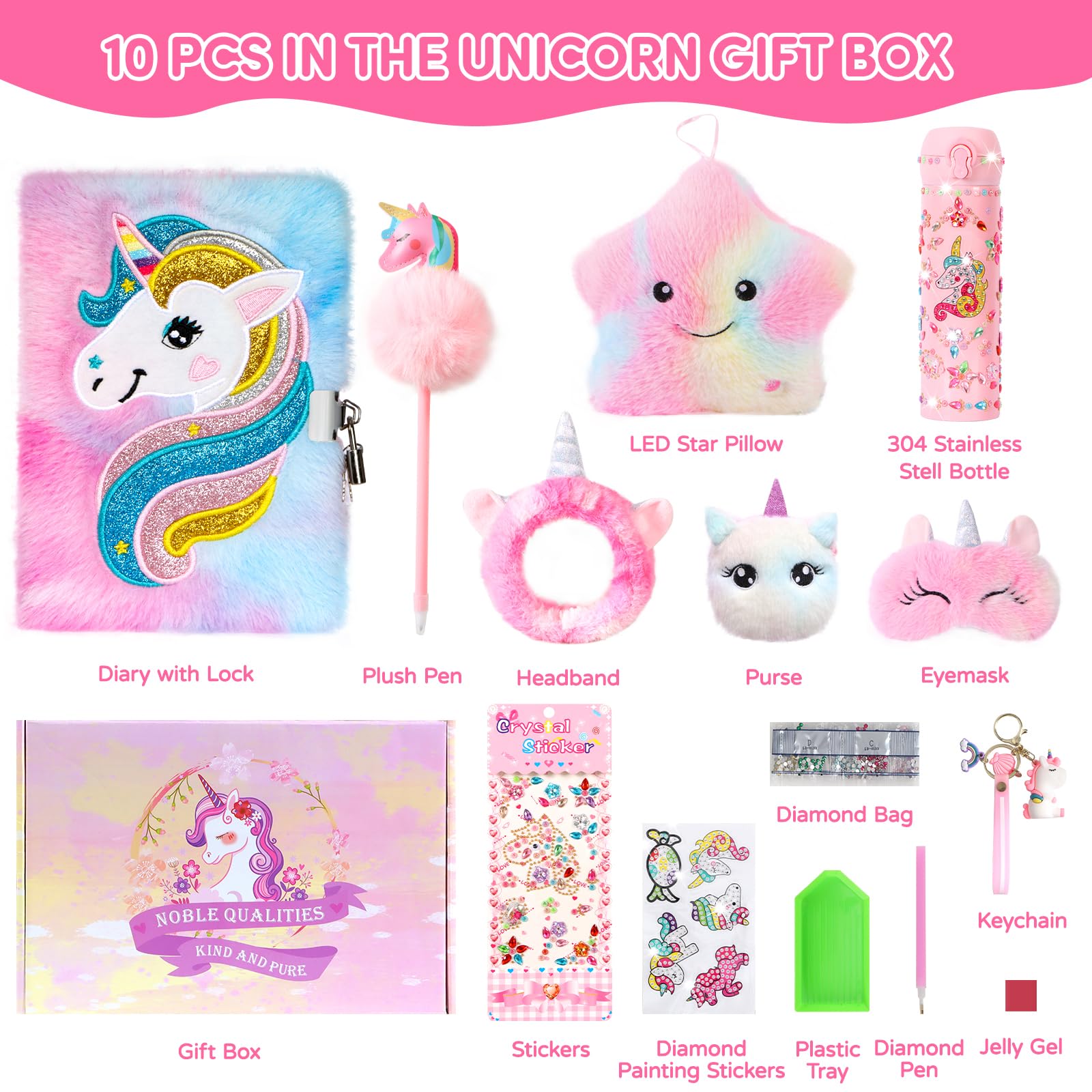 Unicorn Gifts for Girls, 10 PCS Unicorn Toys with Light Up Star Pillow Plush Diary DIY Water Bottle Kits for Girls' Birthday, Christmas and Halloween, Rainbow Unicorn Gift Set for 3-12 Years Old Girls