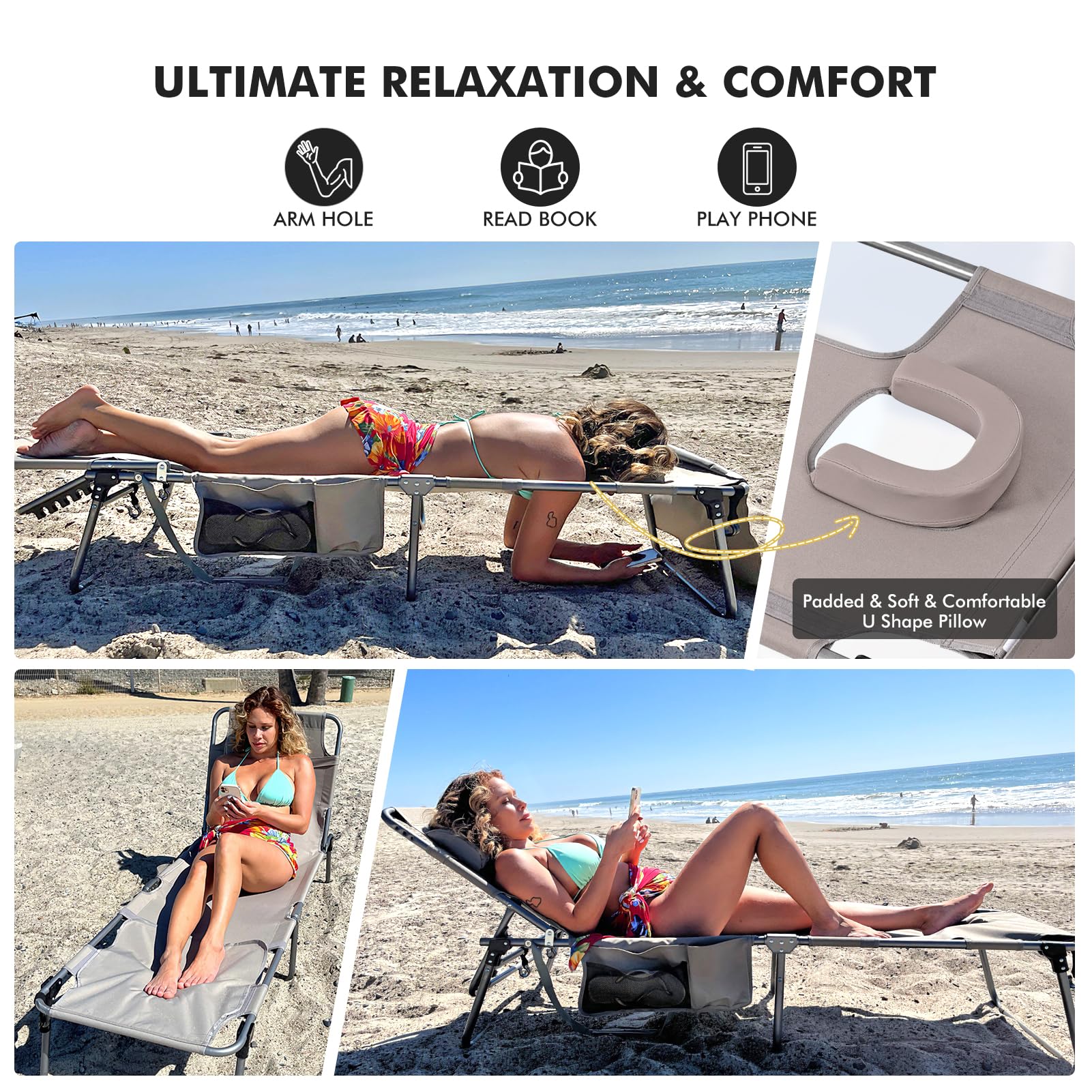 Minndudu Oversized Beige Women Comfy Tanning Chair with Cushion Face Hole + Pink Tanning Chair (Buy Together)