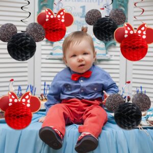 2 Pieces Micky Themed Birthday Decorations, Cartoon Honeycomb Balls with Hanging Swirls , Birthday Party Supplies Black and Red Table Decor for Kids, Women, Adults