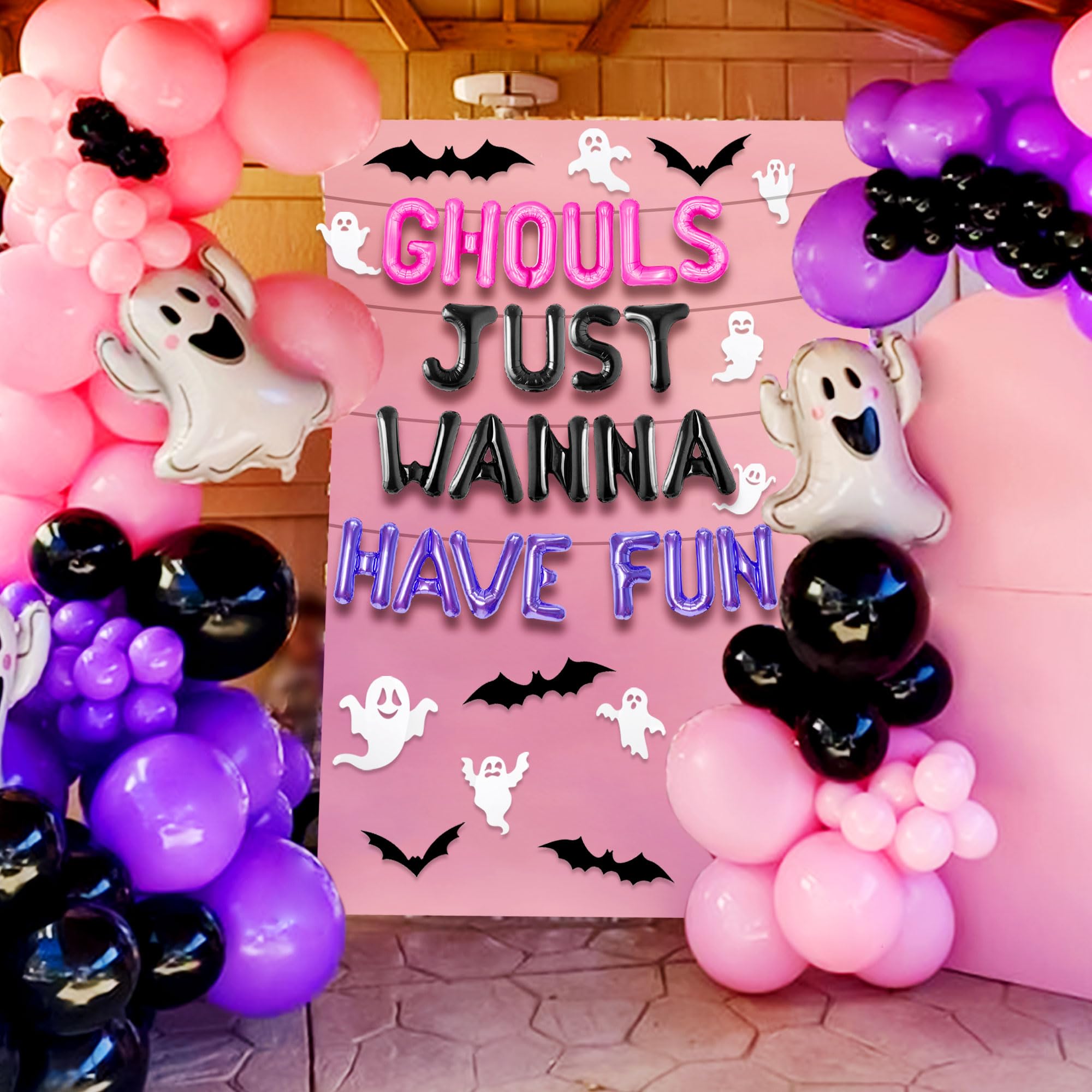 JeVenis Pink Ghouls Just Wanna Have Fun Banner Balloons Garland for Bachelorette Party Birthday Party Decorations