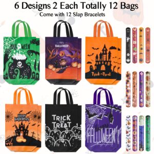 Halloween Bags,12 Pcs Halloween Trick or Treat Bags Large,Halloween Tote Bag with 12 Pcs Halloween Slap Bracelets,Halloween Candy Bags for Halloween Party Supplies,Gift Wrapping 15"×11.6"×3.9"