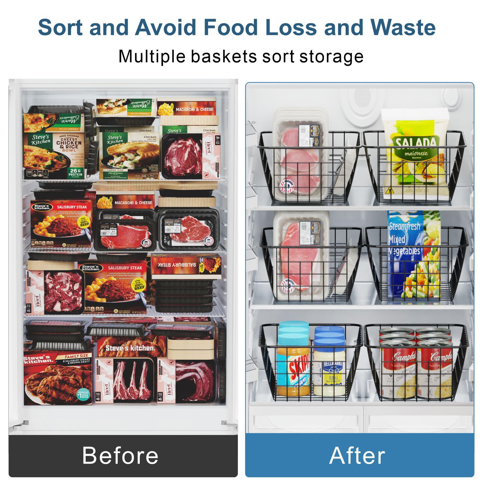 iSPECLE Upright Freezer Organizer Bins - 4 Pack Small Stand Up Freezer Baskets for 13 cu.ft Freezer, Easily Get Food with Handle and Stop Food Fall out from Freezer, Improve Air Circulation, Black