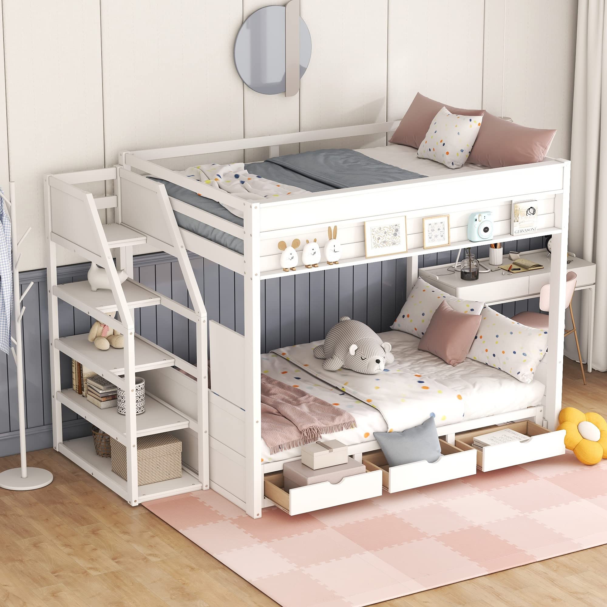 Harper & Bright Designs Full Over Full/Futon Bunk Beds with Stairs and 3 Drawers, Built-in Shelf, Bottom Bed can be Converted into Daybed, Solid Wood Bunk Bed Frame (White)