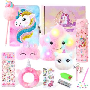 unicorn gifts for girls, 10 pcs unicorn toys with light up star pillow plush diary diy water bottle kits for girls' birthday, christmas and halloween, rainbow unicorn gift set for 3-12 years old girls