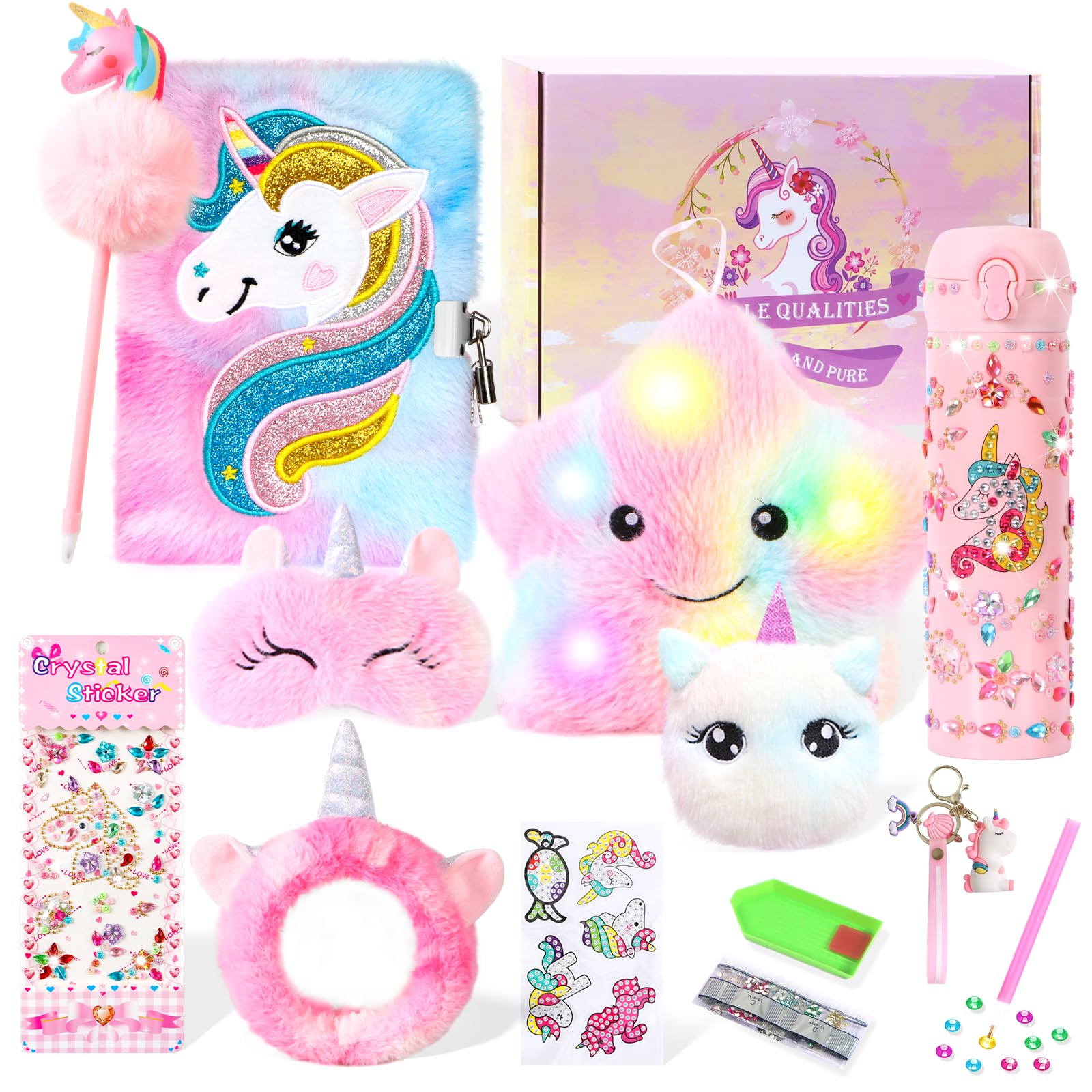 Unicorn Gifts for Girls, 10 PCS Unicorn Toys with Light Up Star Pillow Plush Diary DIY Water Bottle Kits for Girls' Birthday, Christmas and Halloween, Rainbow Unicorn Gift Set for 3-12 Years Old Girls