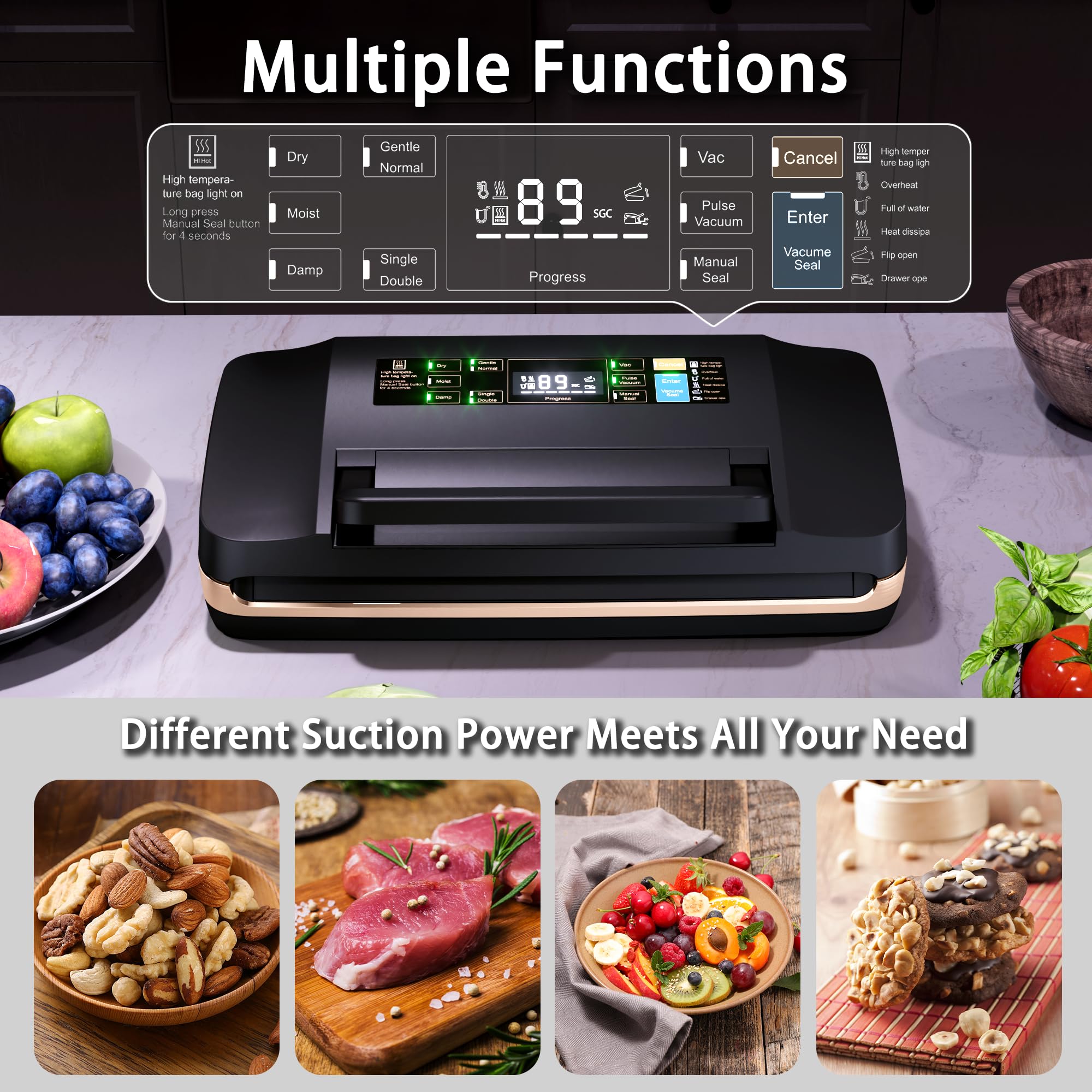 95kpa Commercial Vacuum Sealer Machine,Full Automatic Food Sealer, With 10-in-1 Functions,Easy-Lock Handle, Double Heat Seal,Vacuum Sealer for food With Bags Storage, Built-in Cutter,Progress Display