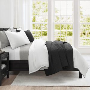 Lush Decor Hampton Double Flange Embroidered Contrast Edge Cotton Duvet Cover Set, 3 Piece Set, Full/Queen, White & Black - Hotel Bedding Set - Black Trim - White Duvet Cover - Minimalist Decor