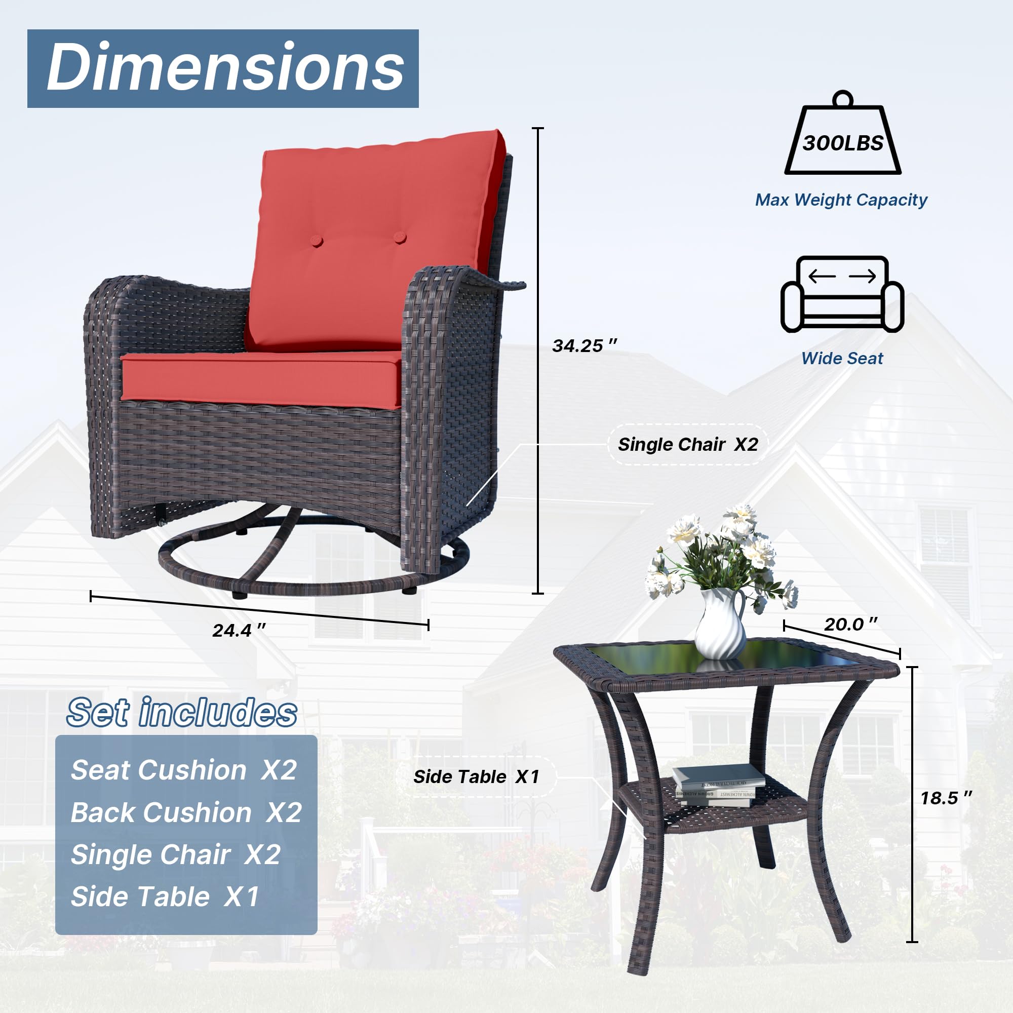 Kurapika 3 Pieces Patio Furniture Set Outdoor Swivel Gliders Rocker, Wicker Patio Bistro Set, Rattan Rocking Chair with Tempered Glass Side Table and Thickened Cushions (Red)