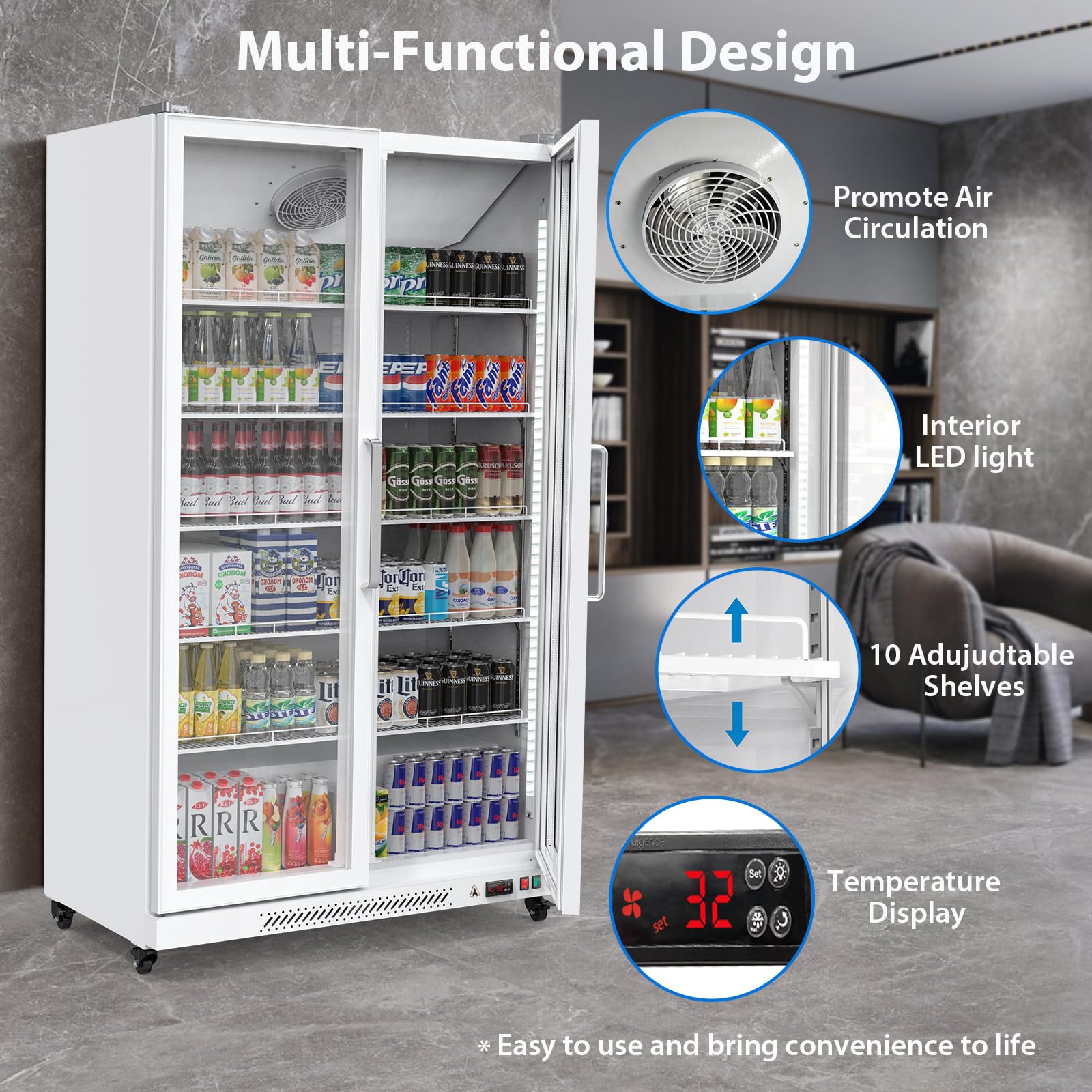 GarveeTech Commercial Beverage Refrigerators, 27.1 Cu.Ft Glass Door Display Refrigerator With Led Light, 10 Adjustable Shelves, Commercial Merchandiser Refrigerator for Cafe Restaurant Store, White