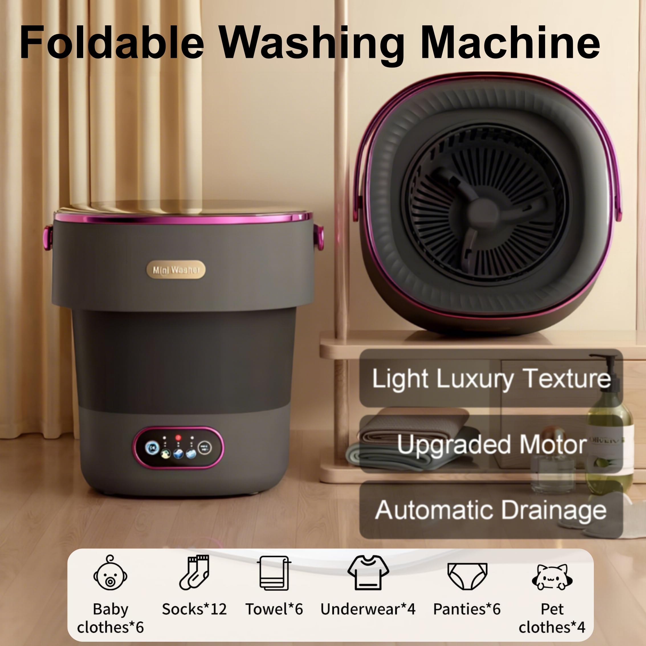 Husono Portable Washing Machine 13L Small Washer and Dryer Mini Washing Machine for Underwear Baby Clothes Socks Foldable Washer lavadora portatil for Apartment Dorm Camping RV Travel (Black)