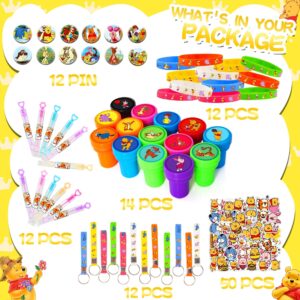 Generic 124PCS Bear Baby Shower Party Favor Supplies, Themed Birthday Decorations Including 12 Bracelets, 12 Keychains, 12 Button Pins, 50 Stickers, 14 Stampers, 12 Bubble Wands and Stickers, Yellow