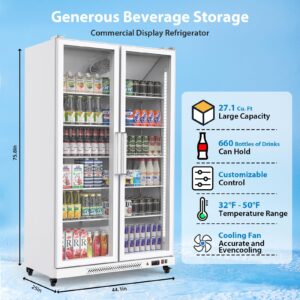 GarveeTech Commercial Beverage Refrigerators, 27.1 Cu.Ft Glass Door Display Refrigerator With Led Light, 10 Adjustable Shelves, Commercial Merchandiser Refrigerator for Cafe Restaurant Store, White