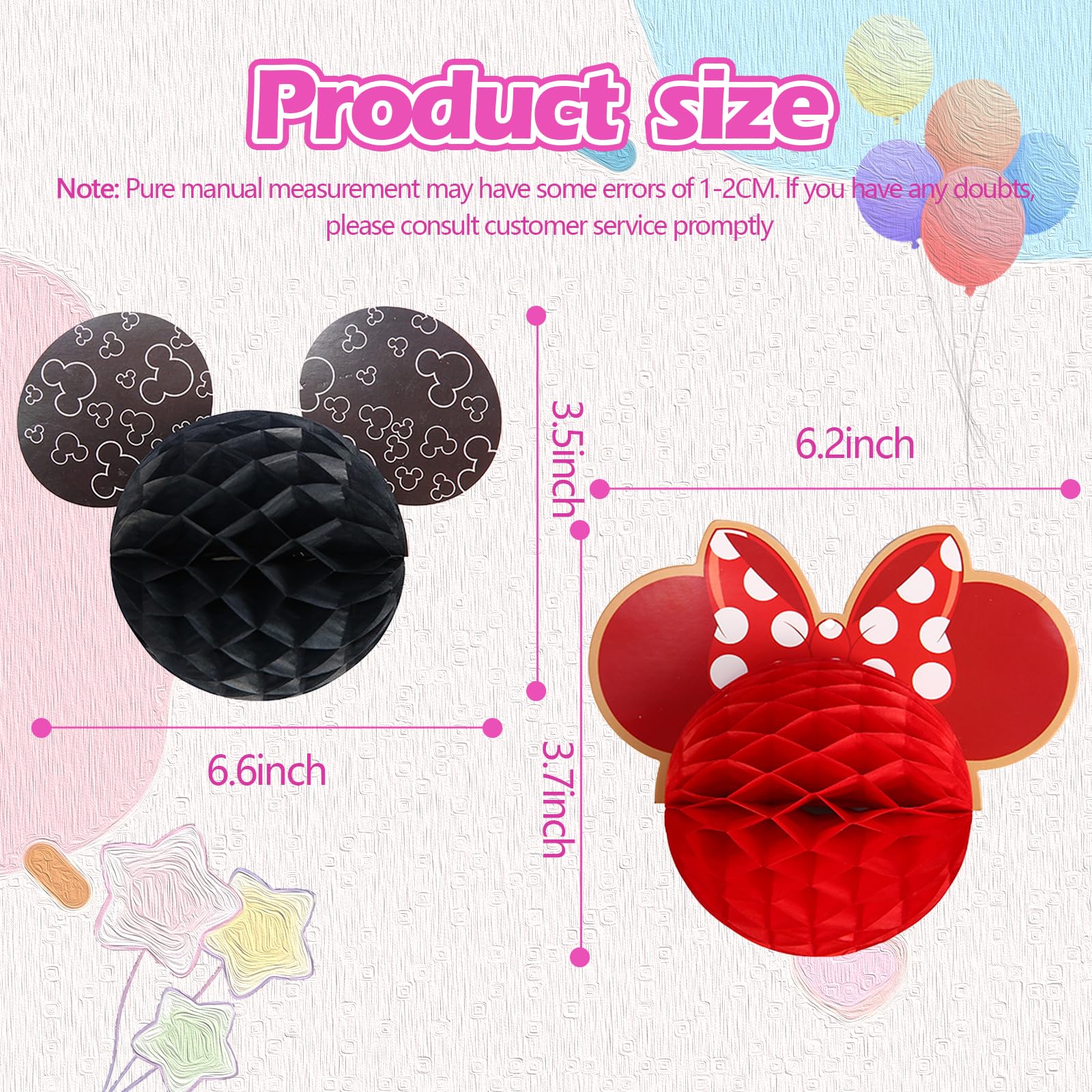 2 Pieces Micky Themed Birthday Decorations, Cartoon Honeycomb Balls with Hanging Swirls , Birthday Party Supplies Black and Red Table Decor for Kids, Women, Adults