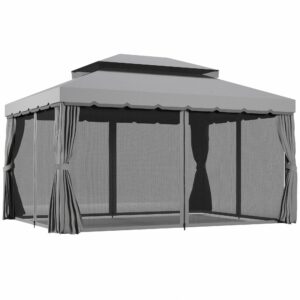 outsunny 10' x 13' patio gazebo, outdoor gazebo canopy shelter with netting and curtains, aluminum frame for garden, lawn, backyard and deck, gray