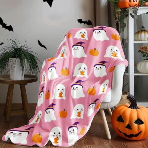 jansun halloween pink flannel blanket, 60 x 50 inch ghost pumpkin throw blanket lightweight reversible blankets plush throw blanket soft living room couch bed blanket for girls boys