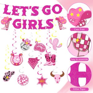 Epakh 35 Pcs Let's Go Girls Cowgirl Party Decorations Pink Western Birthday Decors Disco Bachelorette Party Bridal Shower Supplies Include Let's Go Girls Banner Hanging Swirls Lights for Women Girls