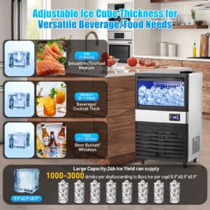 Commercial Ice Maker Machine, 120lbs/24H Under Counter Ice Maker Machine Stainless Steel with 26lbs Ice Storage Bin, Freestanding Ice Maker for Restaurant Bar Home Office Cafe, 2 Water Inlet Modes