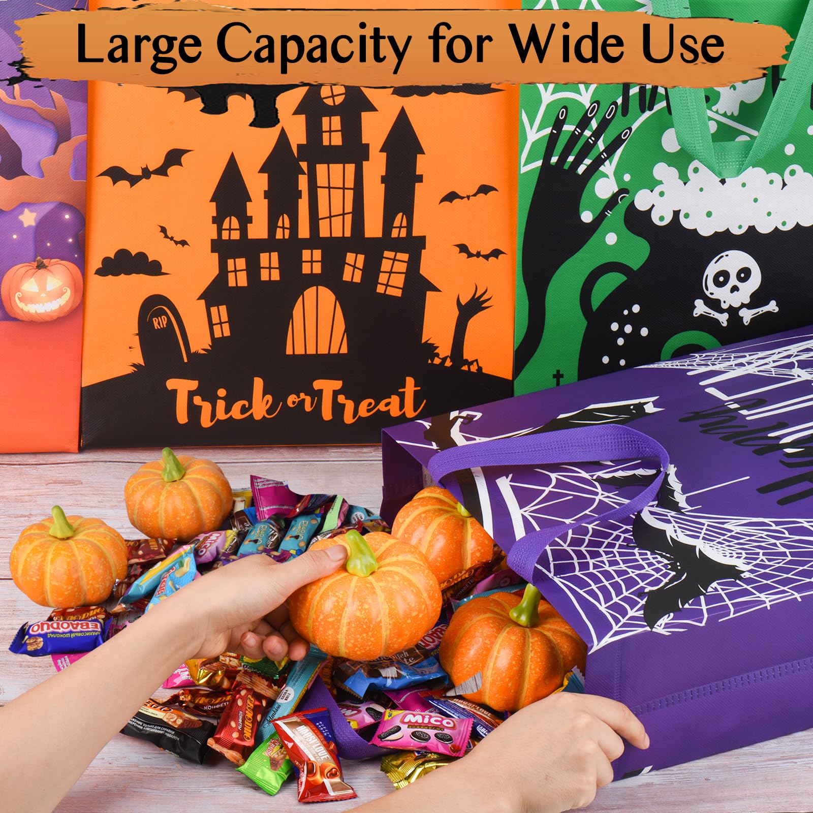 Halloween Bags,12 Pcs Halloween Trick or Treat Bags Large,Halloween Tote Bag with 12 Pcs Halloween Slap Bracelets,Halloween Candy Bags for Halloween Party Supplies,Gift Wrapping 15"×11.6"×3.9"