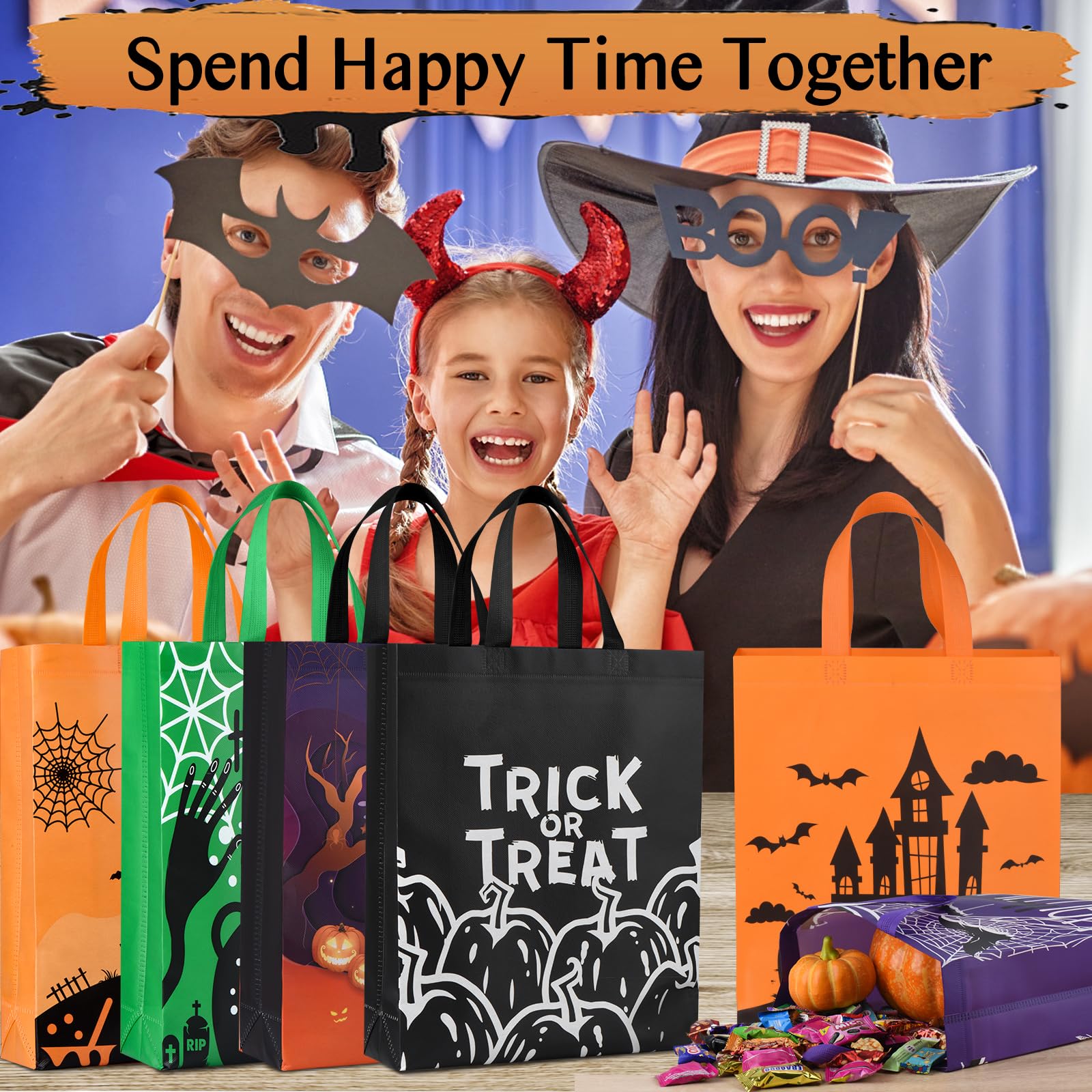 Halloween Bags,12 Pcs Halloween Trick or Treat Bags Large,Halloween Tote Bag with 12 Pcs Halloween Slap Bracelets,Halloween Candy Bags for Halloween Party Supplies,Gift Wrapping 15"×11.6"×3.9"