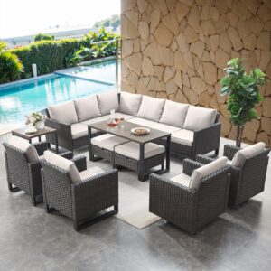 hummuh 10 piece patio furniture pe wicker 6-seater outdoor sectional sofa with dinning table patio swivel chairs outdoor chairs for porch,garden,backyard,deck(brown/beige)