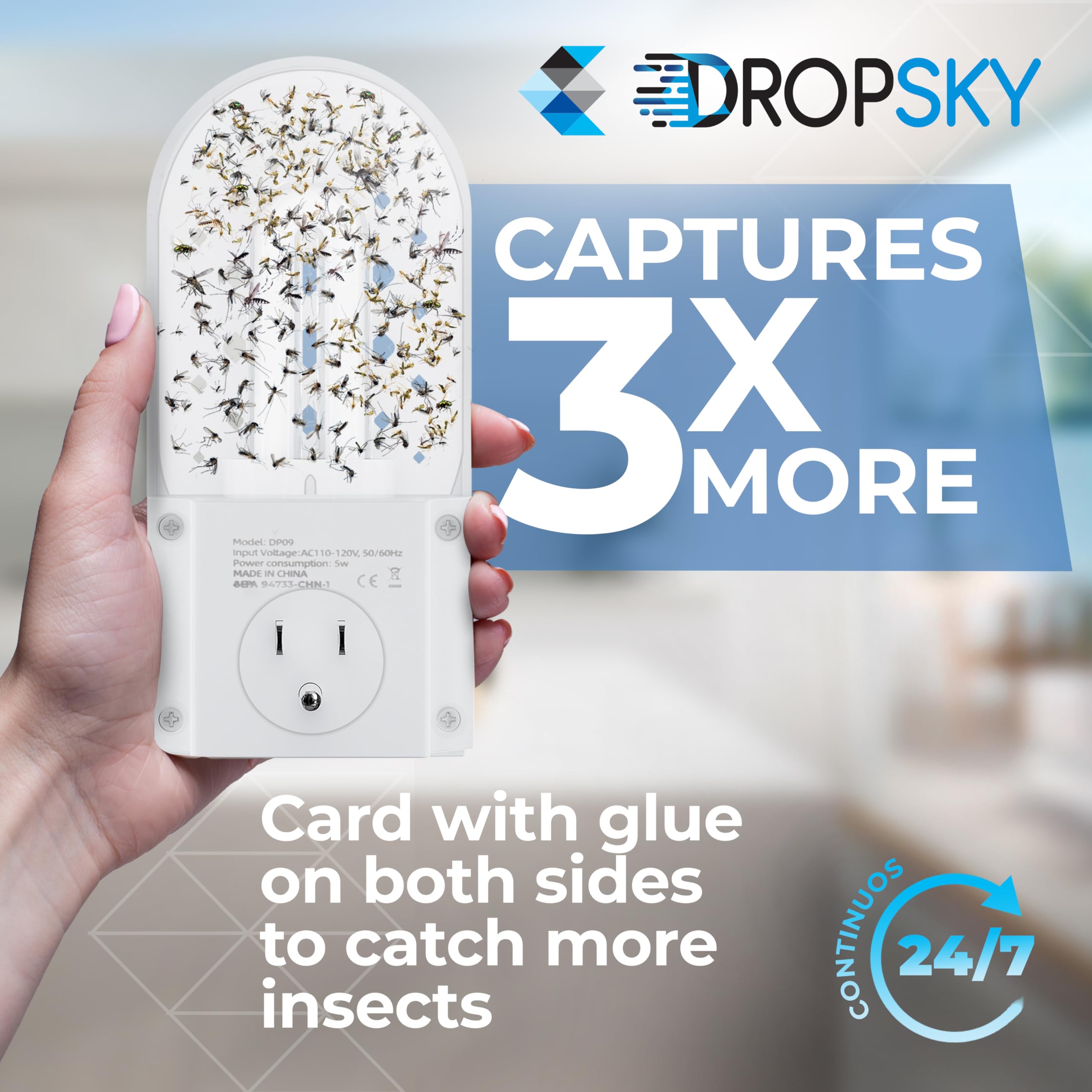 Dropsky Indoor Flying Insect Trap - Plug-in Bug Light Trap for Fruit Flies, Gnats and Houseflies - Odorless and Mess Free (2 Traps + 2 Glue Cards)